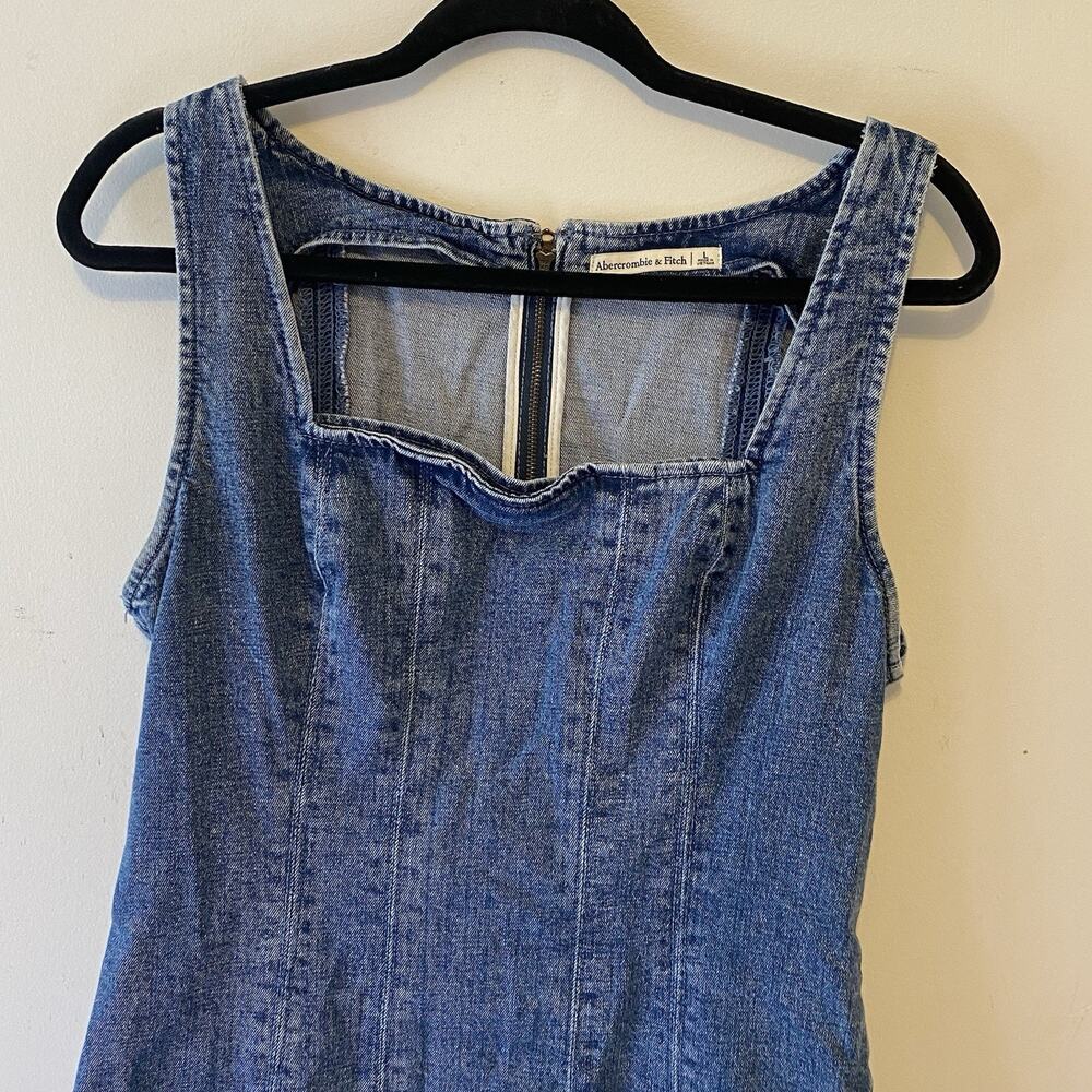 Women L Abercrombie & Fitch Square Neck Fitted Blue Denim Mini Dress Sleeveless - Picture 7 of 9